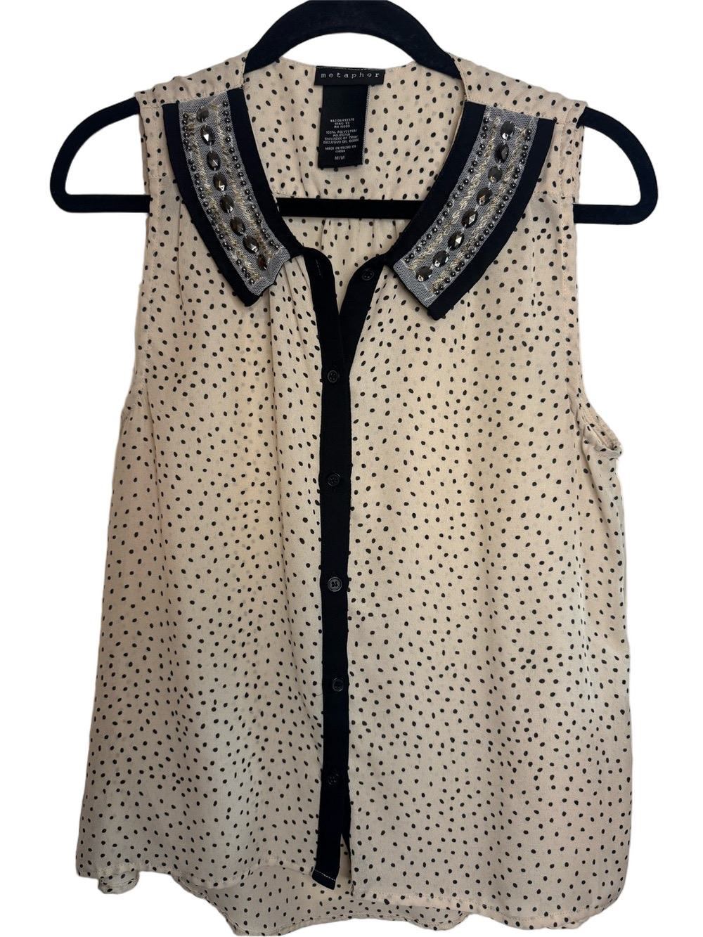 Metaphor Cream Polka Dot Sleeveless Blouse with Embellished Collar